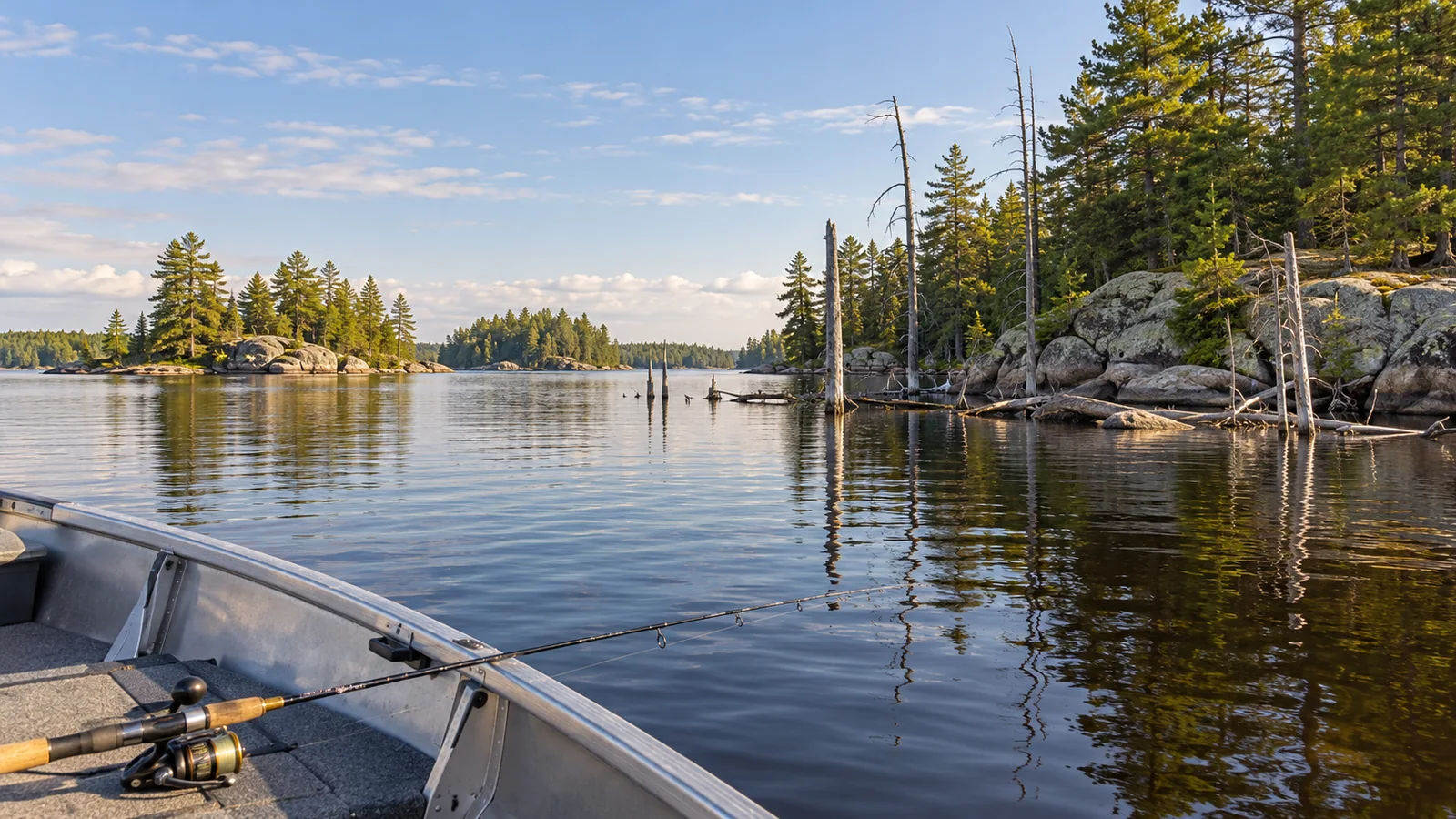 Generated scene of a fishing rod in a boat facing a broad lake and forested islands