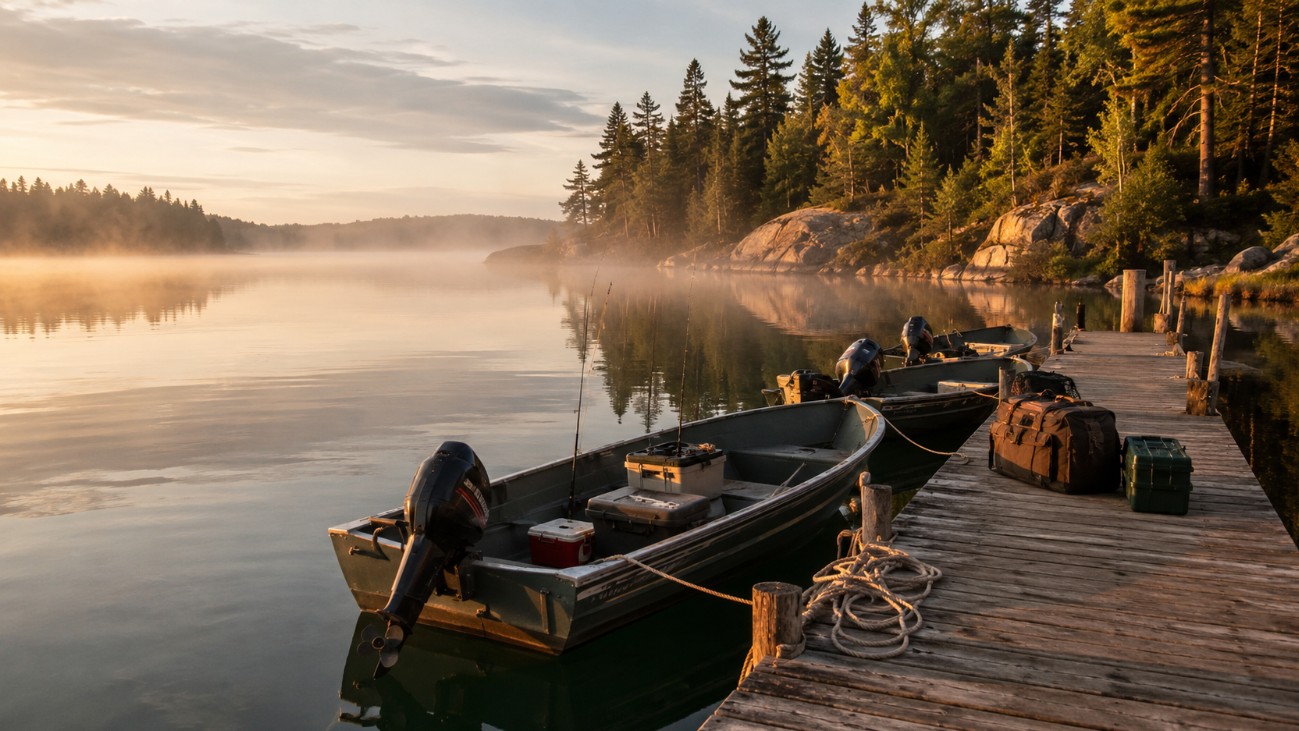 Boats tied at a drive-in lodge dock on a calm Ontario lake in the morning