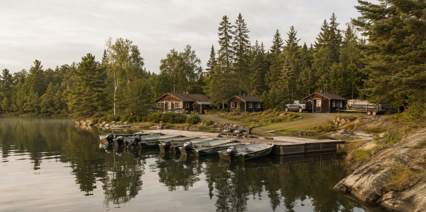 Lakeside drive-in fishing lodge cabins with boats at the dock