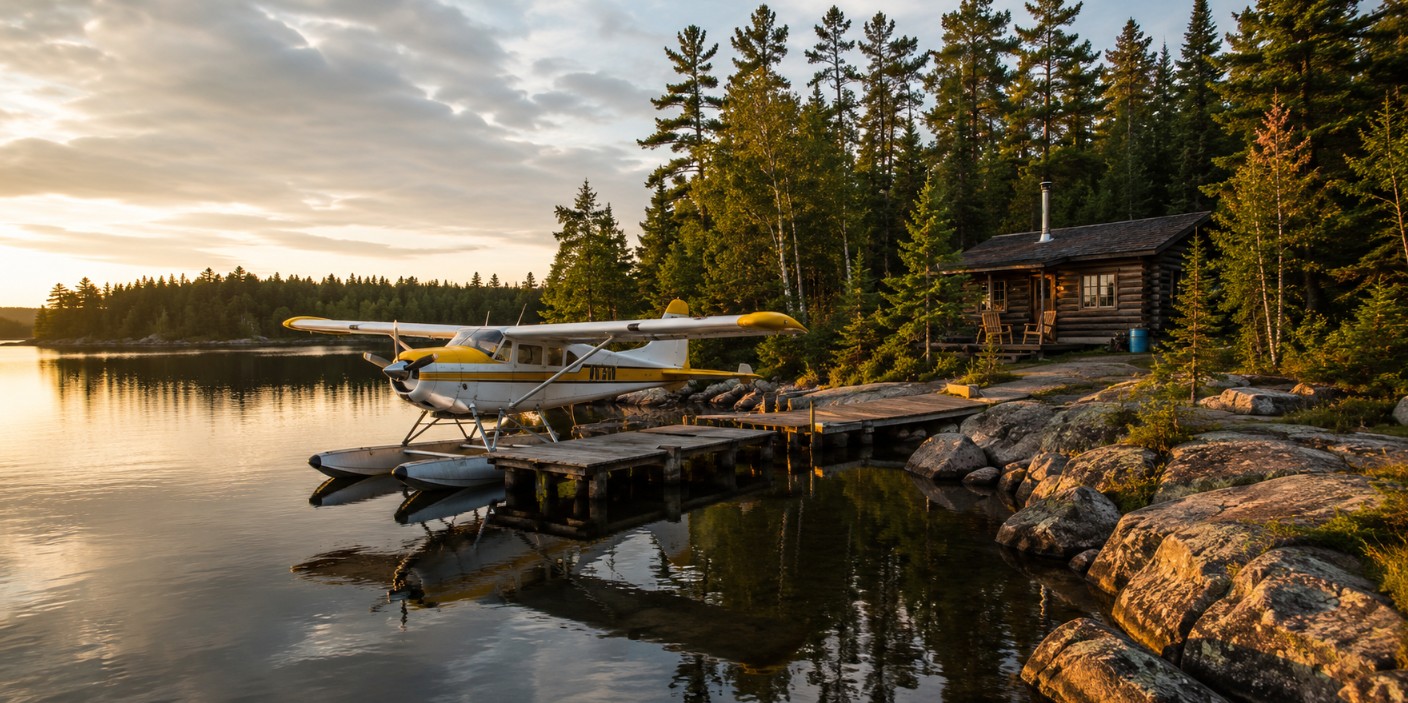 Floatplane docked at a remote fly-in fishing outpost in Northern Ontario