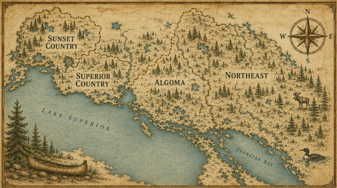 Illustrated map of Northern Ontario fishing regions from Sunset Country to Northeastern Ontario