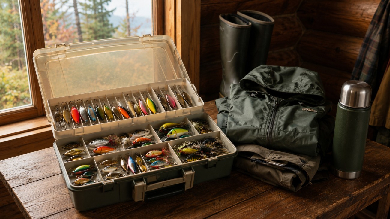Organized tackle box, rods and rain gear packed and ready for an Ontario trip