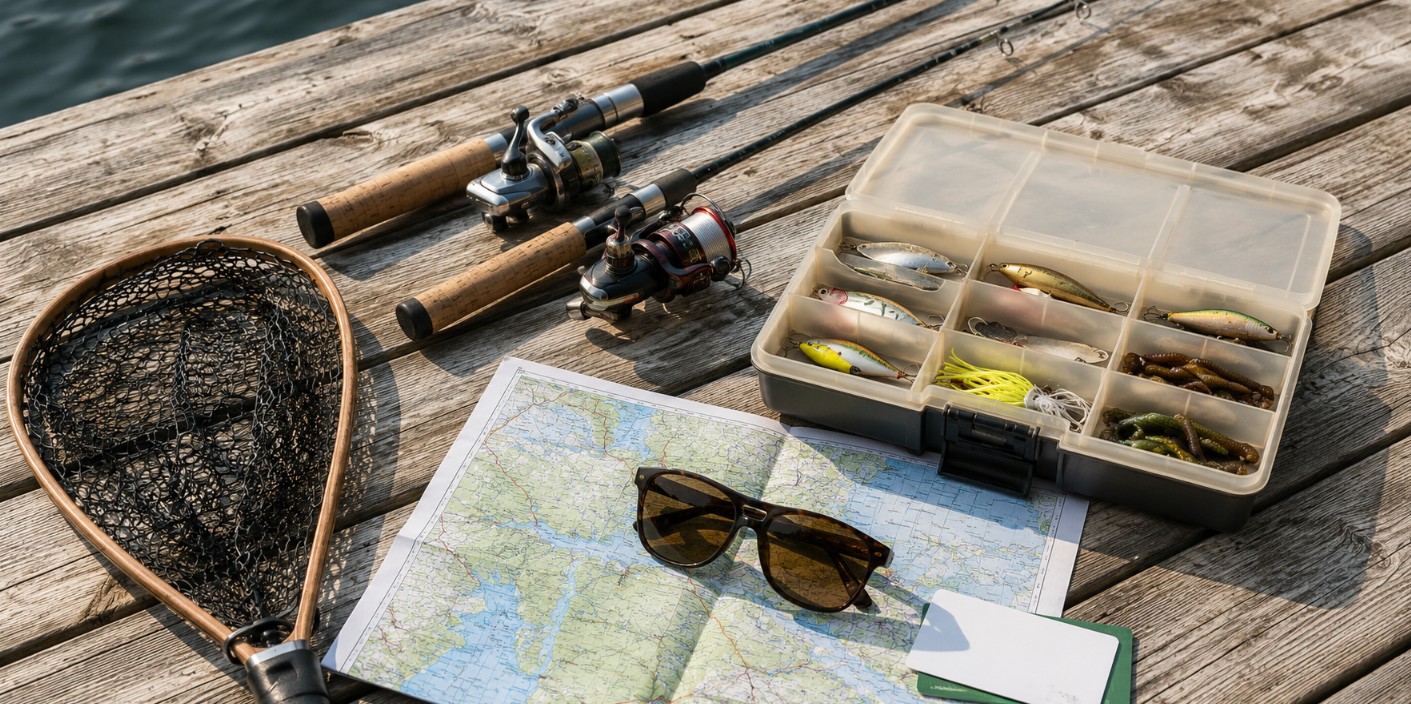 Fishing tackle, map and licence laid out on a dock ready for a trip