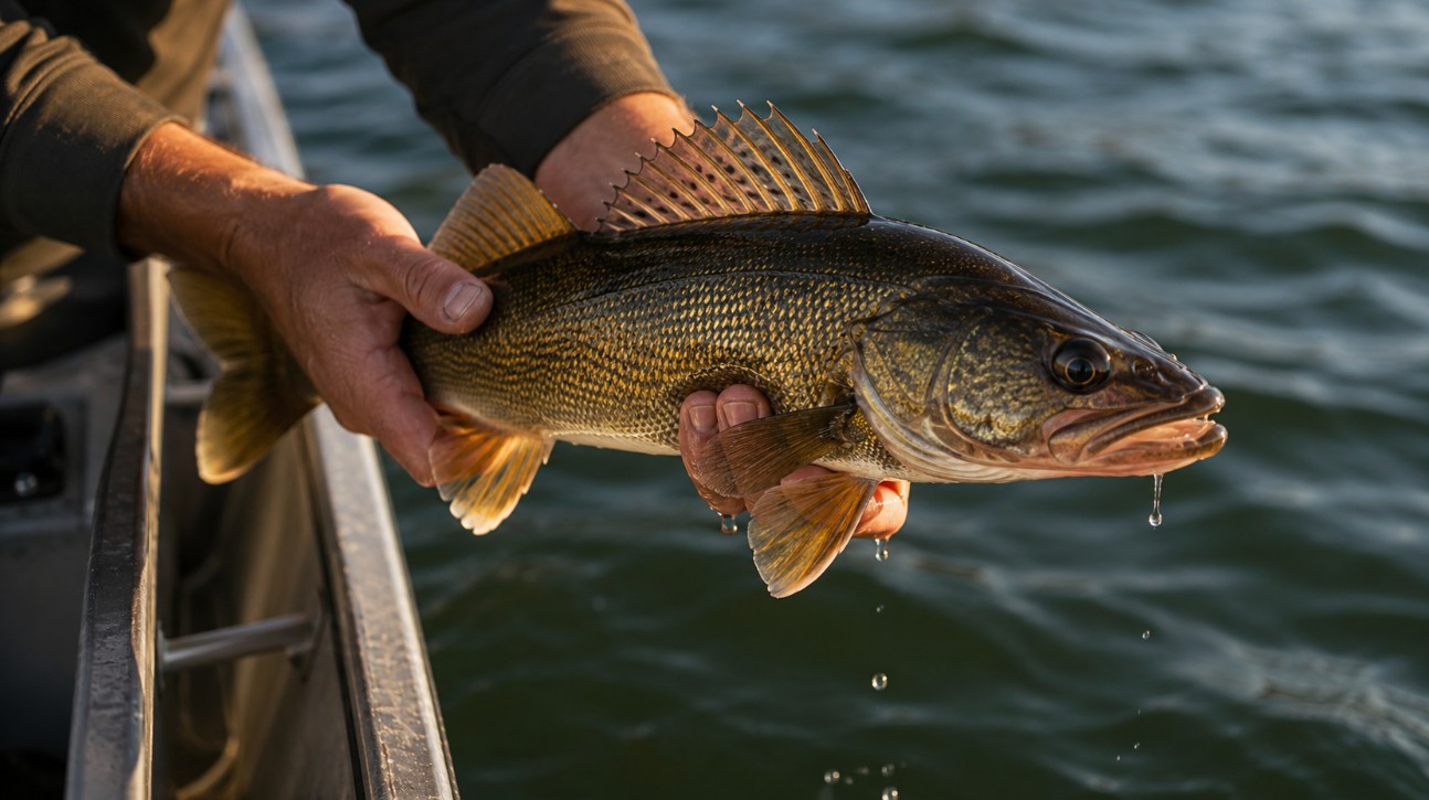 Angler holding a golden Ontario walleye over the side of a boat